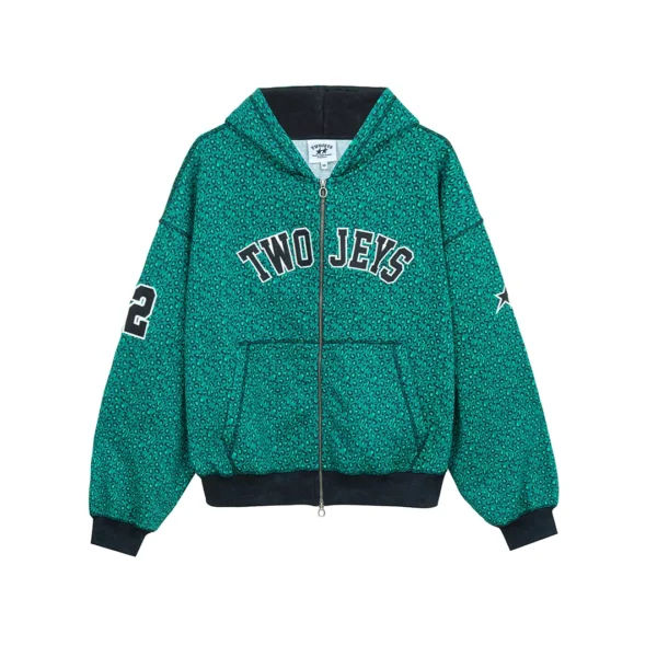 Twojeys Vintage Varsity Zipper Green Cheetah