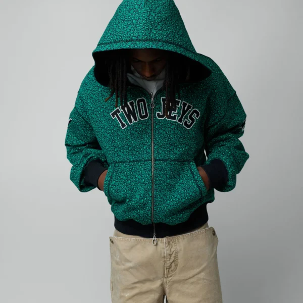 Twojeys Vintage Varsity Zipper Green Cheetah
